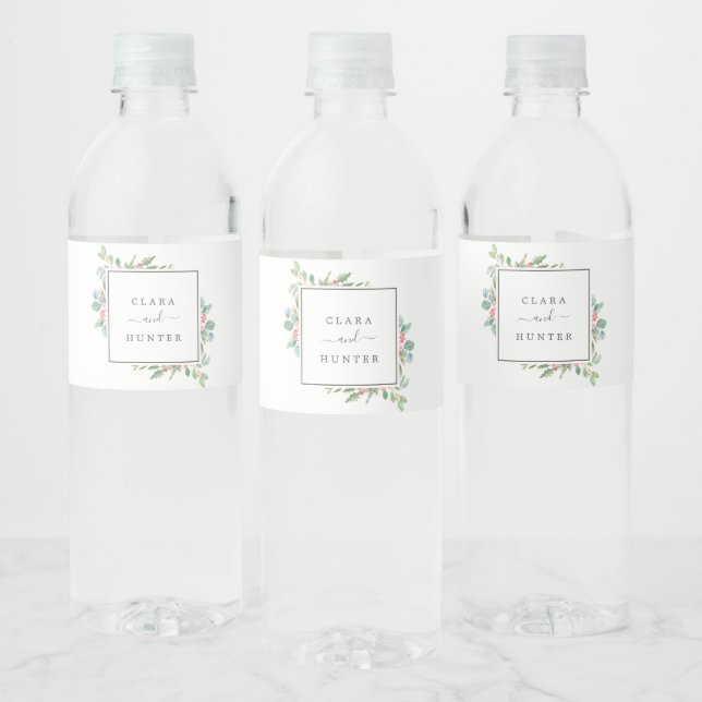Christmas Greenery & Red Berry Wedding Water Bottle Label (Bottles)
