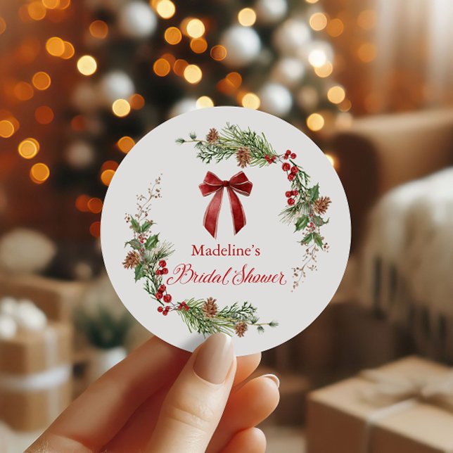 Christmas Greenery Red Bow Bridal Shower  Classic Round Sticker (Creator Uploaded)