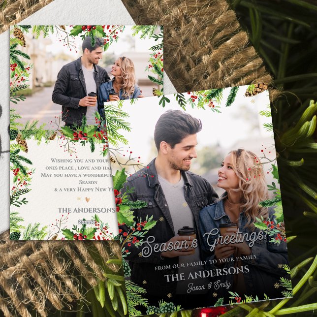 Christmas Greenery Season’s Greetings Two Photos Holiday Card (Christmas Greenery Season’s Greetings Two Photos Holiday Card)