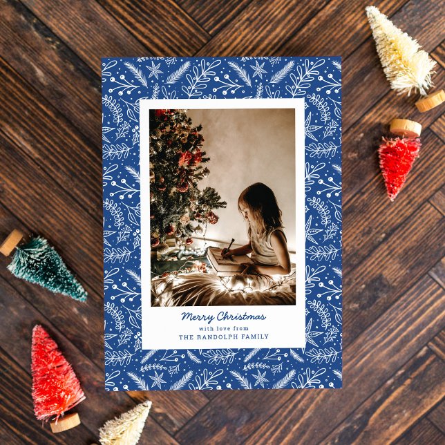 Christmas Greenery Vertical Single Photo (Blue) Holiday Card (Creator Uploaded)