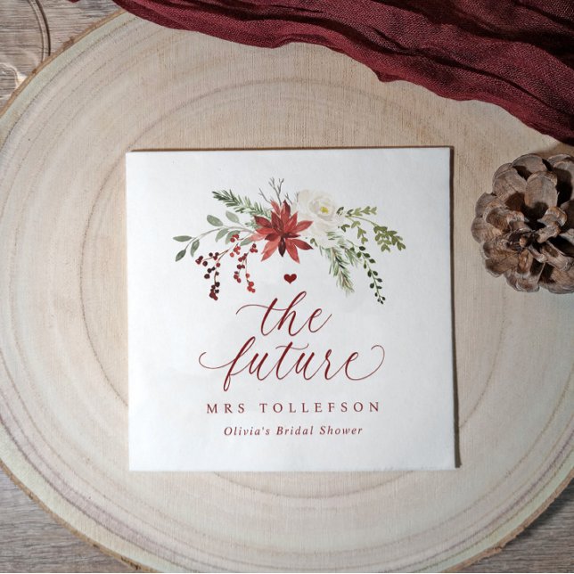 Christmas Greenery Winter Bridal Shower Wedding Napkin (Elegant winter wedding personalized bridal shower napkins with watercolor greenery & berries.)