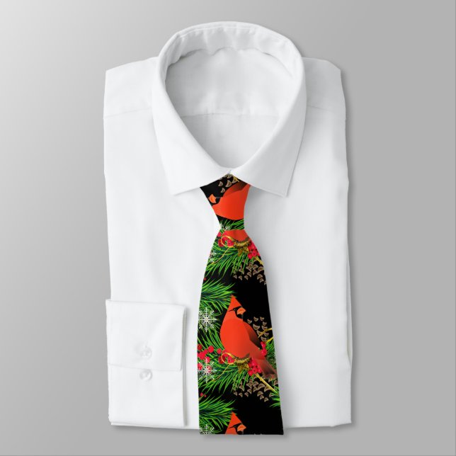 Christmas Greenery with Cardinal Bird Holiday Tie (Tied)