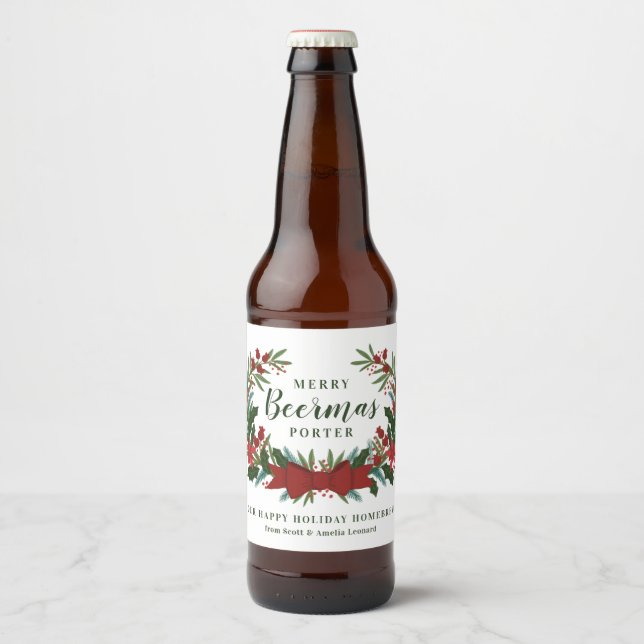 Christmas Greenery Wreath Holiday Beer Bottle Label (Front)