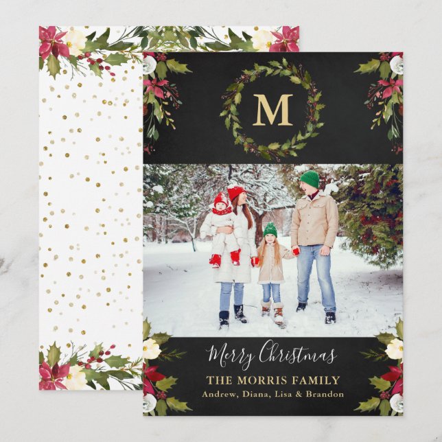 Christmas Greenery Wreath Monogram Photo Holiday Card (Front/Back)
