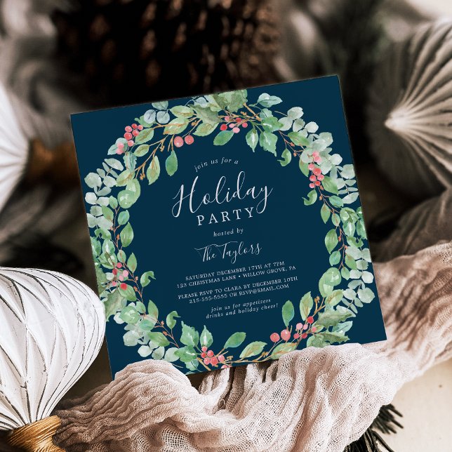 Christmas Greenery Wreath Navy Holiday Party Invitation (Christmas Greenery Wreath Navy Holiday Party Invitation)