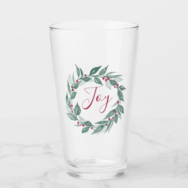 Christmas Greenery Wreath Red Berries Joy Glass (Front)