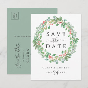 Christmas Greenery Wreath Save the Date Postcard