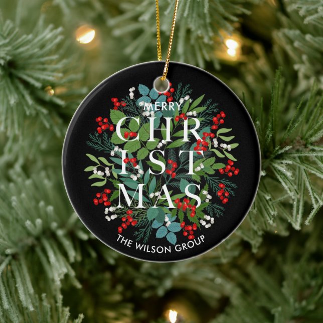 Christmas Greens and Berries on Black Ceramic Tree Decoration (Tree)