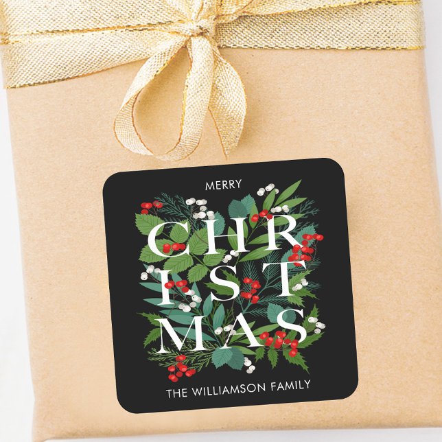 Christmas Greens and Berries Square Sticker (CHRISTMAS greenery and berries black holiday personalized square stickers)