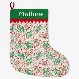 Christmas Greens And Holly Berries - Personalised Large Christmas Stocking
