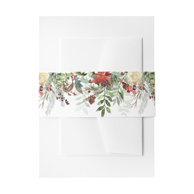 Christmas Greens and Snowflakes Wedding Invitation Belly Band (Front Example)