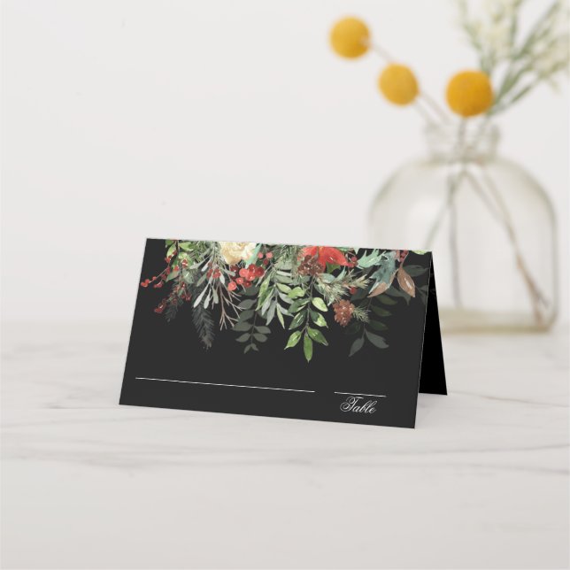Christmas Greens | Black | Christmas Wedding Place Card (Front)