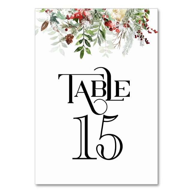 Christmas Greens  on White Wedding Reception  Table Number (Front)