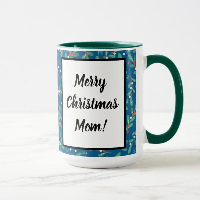 Christmas Greens with Holly Berries Blue Red White Mug (Right)