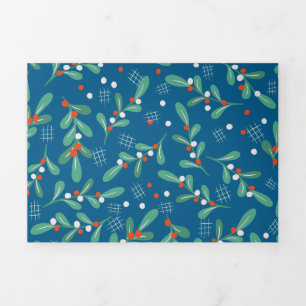 Christmas Greens with Holly Berries Blue Red White Tri-Fold Holiday Card