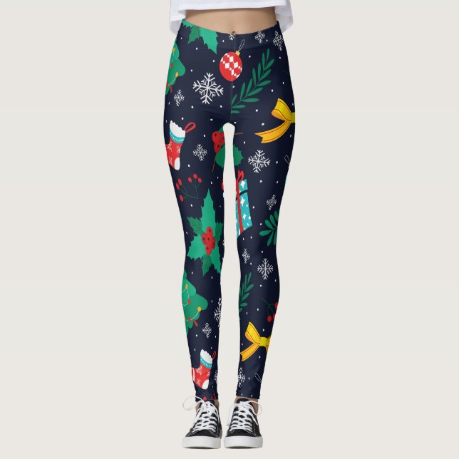 Christmas GreenTrees, Flakes, Stockings Pattern Leggings (Front)