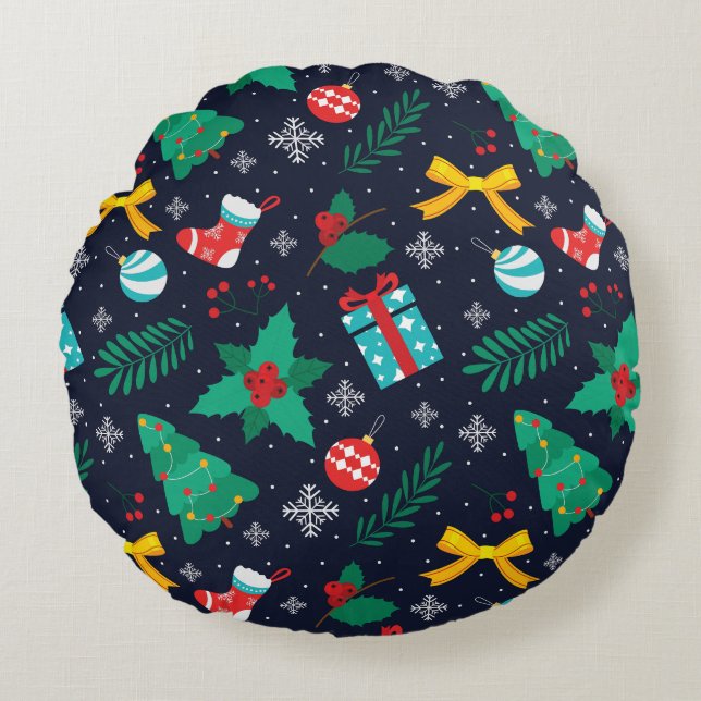 Christmas GreenTrees, Flakes, Stockings Pattern Round Cushion (Front)