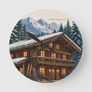 Christmas Greeting Alpine Winter Chalet Snowy Round Clock