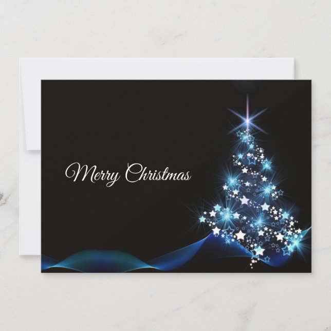 Christmas Greeting Blue Shiny Tree Black Elegant Holiday Card (Front)