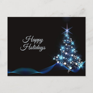 Christmas Greeting Blue Shiny Tree Black Elegant Postcard