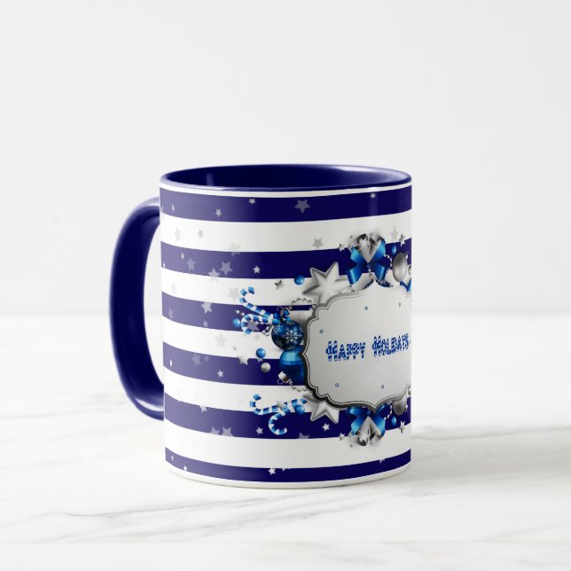Christmas Greeting Blue  Striped Mug (Front Left)