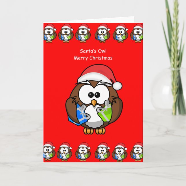 Christmas greeting card owl person kids red (Front)