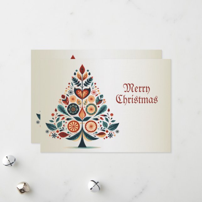 Christmas Greeting Colourful Tree Folk Art Holiday Card (Front/Back In Situ)