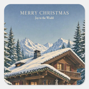 Christmas Greeting Cosy Alpine Chalet Snowy winter Square Sticker