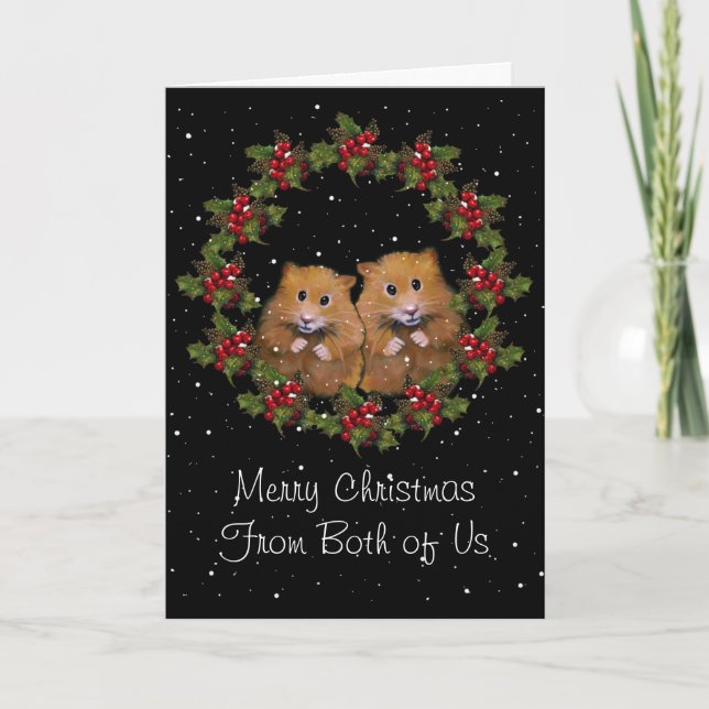 Christmas Greeting, Cute Hamster Couple, Holly Holiday Card (Front)