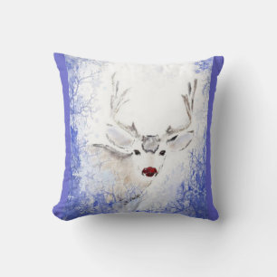 Christmas Greeting Deer Blue Snowflakes Cushion