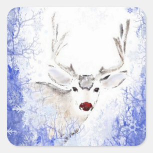 Christmas Greeting Deer Blue Snowflakes Square Sticker