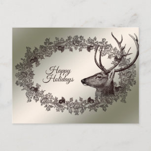 Christmas Greeting Floral Reindeer Golden Winter Postcard