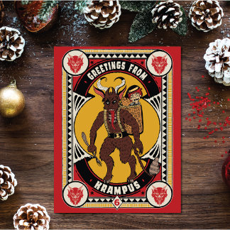 Christmas Greeting from Krampus Sign Carrying Toys Holiday Card