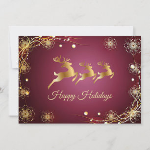 Christmas Greeting Golden Reindeers Red Pink Holiday Card