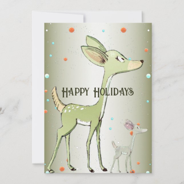 Christmas Greeting Green Deers Holidays Cute Holiday Card (Front)