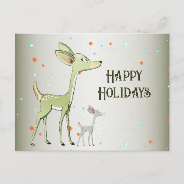 Christmas Greeting Green Deers Holidays Cute Postcard (Front)