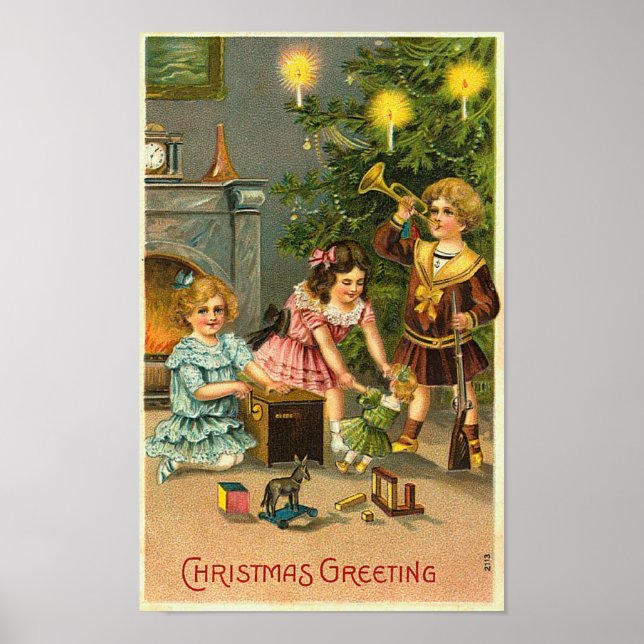 Christmas Greeting Kids, Tree, Toys Poster (Front)