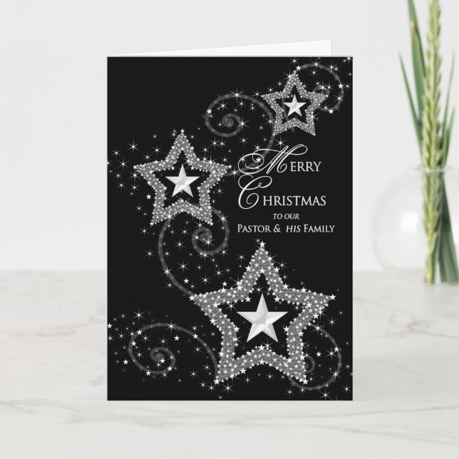 Christmas Greeting- Pastor/Family Sparkly Stars Holiday Card (Front)