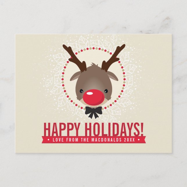 CHRISTMAS GREETING red nose reindeer rudolph gold Holiday Postcard (Front)