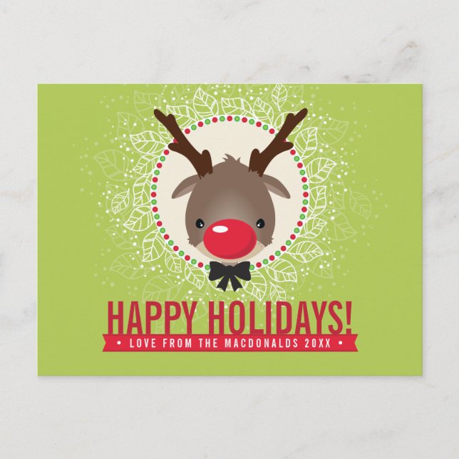 CHRISTMAS GREETING red nose reindeer rudolph green Holiday Postcard (Front)