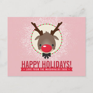 CHRISTMAS GREETING red nosed reindeer rudolph pink Holiday Postcard