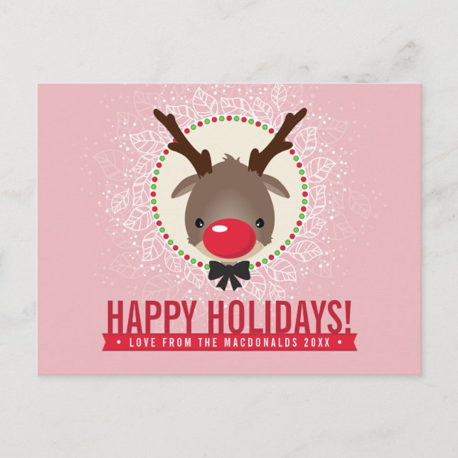 CHRISTMAS GREETING red nosed reindeer rudolph pink Holiday Postcard (Front)