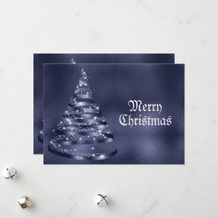 Christmas Greeting Shiny Blue Ribbon Tree Sparkle Holiday Card