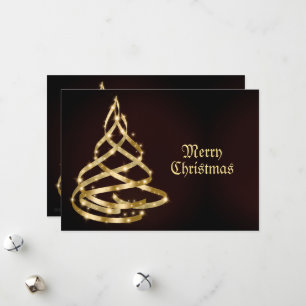 Christmas Greeting Shiny Golden Ribbon Tree Holiday Card