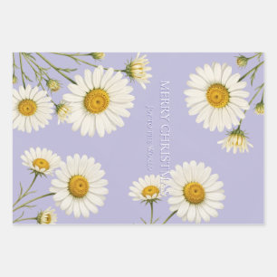 Christmas Greeting White Daisy Florals on Lavender Wrapping Paper Sheet