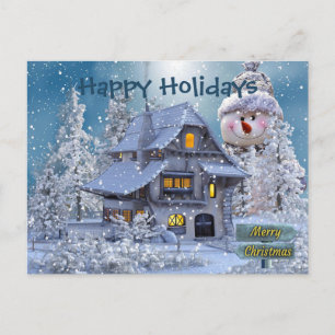 Christmas Greeting Winter Snowman Blue Rustic Postcard