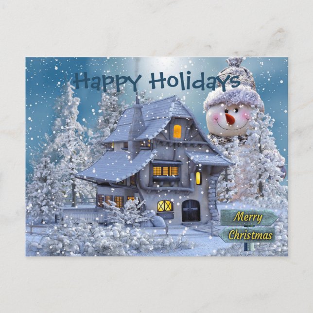 Christmas Greeting Winter Snowman Blue Rustic Postcard (Front)
