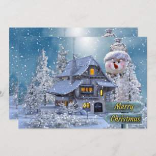 Christmas Greeting Winter White Snowman Blue Holiday Card