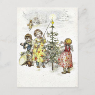 Christmas greeting with a girl lets fire on a cad holiday postcard