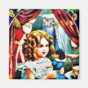 Christmas greeting with a girl looking at a toy, s magnet